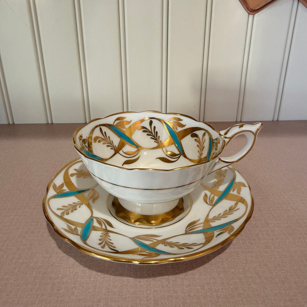Royal Stafford Aqua Blue and Gold‎ Vintage English Teacup and Saucer